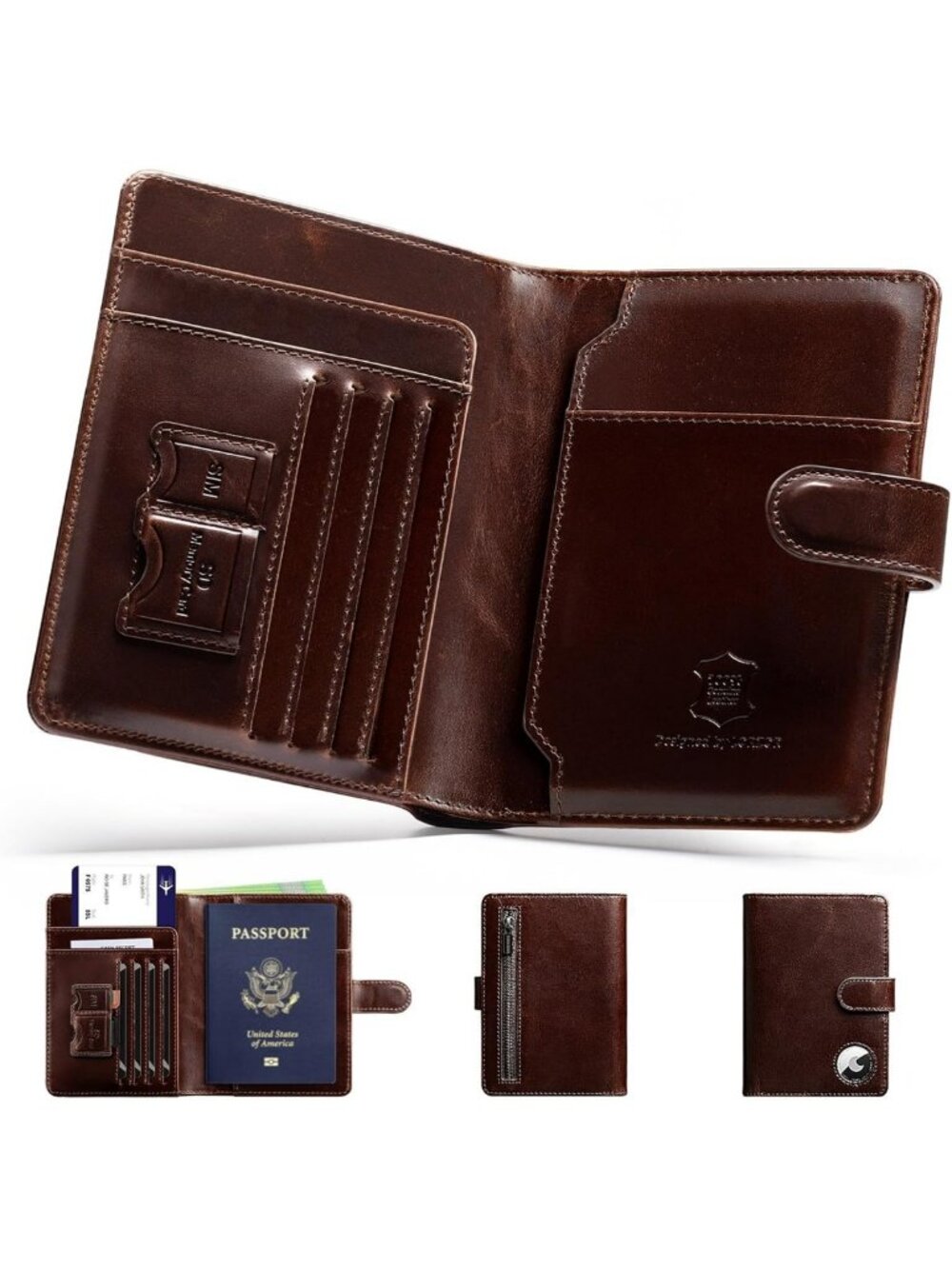 Travel Passport Holder - Full Grain Leather RFID Blocking Wallet with Airtag